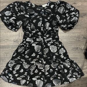 Aura Black Dress with Silver Accents Puff Sleeves